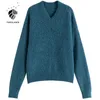 FANSILANEN Elegant blue cashmere knitted sweater Women v neck vintage oversized pullover Autumn winter flame jumper top female 210607