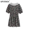 Женщины шикарные моды аппликации цветочные печати мини-платье с коротким рукавом эластичные талии женские платья Vestidos 210420