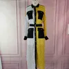 Women Long Shirt Dress Yellow White Patchwork Polka Dot with Pockets Waist Belt Chiffon Autumn Female Robes Tunics Plus Size XL 210416