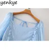 Старинные пунктирные элегантные голубые тюль блузки женщины сексуальные без спинки квадратные шеи с длинным рукавом летние топы пола асимметричные сладкие 210514