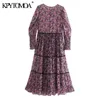 Women Chic Fashion Floral Print Velvet Patchwork Midi Dress Vintage Long Sleeve With Lining Female Dresses Mujer 210416