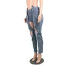 Sexig förstörda hål denim jeans för kvinnor hög midja spliced ​​ripped plus storlek streetwear mujer mager full längd 211129