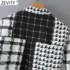 Zevenity Dames Vintage Houndstooth Plaid Patchwork Print Smock Blouse Office Lady Stand Collar Shirts ChiCh Blusas Tops LS7640 210603