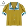 Camicetta Donna Vintage Colletto da marinaio Puff Manica corta Giallo Estate Donna Top Bottoni in raso Stripe Blusas Camicia coreana Abbigliamento 210515