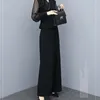 Herbst Schwarz Büro Zwei Stück Sets Outfits Frauen Plus Größe Langarm Tops und Breite Bein Hosen Koreanische Elegante Passenden anzug 210513