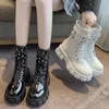 Women's Boots Buckle Strap Mid-Calf Boots British Style Female Autumn Thick Bottom Motorcycle Boots Women Plush Round Toe Botas Y1018