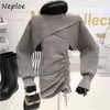 Sexy Spring Knit 2 Pcs Women Set Camis Shoulder Strapless Dress + Irregular Design Long Sleeve Sweater Fashion Suit 210422