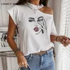 T-shirt da donna in cotone 100% manica corta spalla fredda stampa artistica T-shirt con cavezza estetica top donna casual streetwear estate 210720