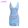 Summer sexy nightclub tight-fitting printed split V-neck low chest bag hip dress Office Lady Knee-Length 210416
