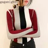 Gaganight Casual Paski Kobiety Sweter Bodycon Z Długim Rękawem Żółw Pullover Krój Patchwork Retro Koreański Jumper 210519