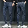 Mäns Höst Jeans Bomull Hög Elastiska Koreanska Tjocka Leggings Slim Fit Blue Pants AJ