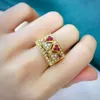 Vintage Luxury Layered Pearl Red Crystal Zircon Diamonds Gemstones Rings for Women Gold Color Jewelry Party Accessories Bijoux