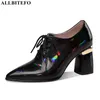 ALLBITEFO size 34-41 thick heel Iridescent genuine leather women heels shoes cross tied fashion walking basic shoes high heels 210611
