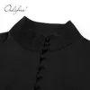 Mini abito a maniche lunghe da festa vintage monopetto in raso nero da donna primavera autunno 210415