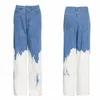 Twotoyle casual lösa målade kvinnor full längd jeans hög midja träff färg asymmetriska denim bredben byxor för kvinnlig 210922