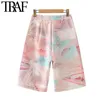 TRAF Kobiety Chic Moda Graffiti Drukuj Side Kieszenie Spodenki Vintage Wysoka Talia Zipper Fly Female Krótkie spodnie Mujer 210724