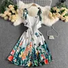 Стиль Европы летнее платье для женщин цветочные бабочки принт Элегантные моды без рукавов тонкие а-линии платья 210428