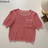 ニットTシャツの女性夏Oネック半袖ティーシャツスリム韓国のファッション格子縞のポケットニットトップ4J308 210519