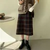2色韓国風高弾性ウエストロングスカート女性スリム秋冬チェックウールAラインレディース（C2151）210508