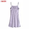 Tangada Kvinnor Lila Blommor Print Dress Strap Justera Ärmlös Fashion Lady Sexy Dresses Vestido 3H493 210609