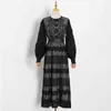 Black Patchwork Lace Dress For Women O Neck Long Sleeve High Waist Midi Dresses Female Fashion Clothing Autumn 210520