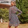 Aachoae Women's Floral Dress Bow Tie Neck Vintage Pleated See Through Sleeve Print Mini Casual Sundress Vestidos 210623