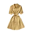 Kvinnors mode lapel kortärmad smal kort pläterad söta skjortor klänning sålda färgarbete ol eleganta vestidos s282 210527