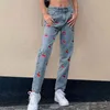 Kvinnors jeans Kvinnors Y2K Cherry Print Woman låg midja Hippie Denim Byxor Dark Academic Goth Streetwear Korean Cargo Pants 90s
