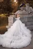 2021 Eleganckie Białe Suknie Ślubne Linia Ruffles Wave Szczegóły Sznurowane Backless Puffy Rękawy Sukienki ślubne Robe de Mariée