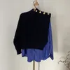 Gratis chique herfst hoge kraag zijknopen nep tweedelige shirt stitching gestreepte bubble mouw trui blauwe vrouwen 210524