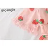 Été col en v a-ligne fraise paillettes robes rose gaze manches courtes papillon doux étudiants volants Vestidos 210601