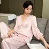 Silkeslen satin pyjamas för kvinnor sexig v nacke spets krage nattkläder kostym härliga damer loungwear vår korea sleepwear pijama mujer q0706