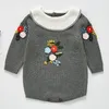 Söt baby flicka stickas broderar rompers vår höst långärmad mode spädbarn kläder 0-3yrs 210429