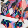 Sexy High Waist Bikini Three-pieces Print Women's Swimsuit Short Sleeve V Neck Swimwear Cut Bathing Suit 210621