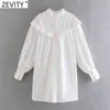 Vrouwen Vintage Holle Borduurwerk Ruffles Casual Wit Jurk Vrouwelijke Chique Stand Kraag Breasted Kimono Vestidos DS8121 210416