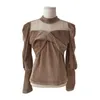 Femmes Manches Bouffantes Col Montant Chemisier Long Velours Camel Noir Solide Élégant Chic B0768 210514