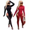 Female Striped Mesh Patchwork Sexy Jumpsuits Fashion Womens Hollow Out Stacked Long Pants Skinny Rompers Club Outfits Dropship 210709