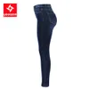 2141 Youaxon llegó Jeans de cintura alta para mujeres Elástico Botón azul oscuro Fly Denim Pantalones flacos Pantalones 210708