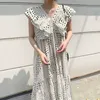 Korejpaa Kobiety Sukienka Lato Koreańskie Chic Damska Delikatna Cienka V-Neck Ruffle Szycie Luźne Wavel Dot Latający Rękaw Vestidos 210526