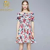 Дизайнерские взлетно-посадочные полосы женские летние платье с плеча эластичная талия Цветочный принт Элегантные мини-дамы короткие 210506