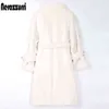 Nerazzurri Long Warm Fluffy Faux Fur Trench Coat för Kvinnor Dubbelbröst Rosa Vit Grön Vinter Koreansk Fashion Belt 2022 211124