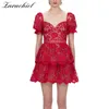 Summer Floral Lace Women Sexy Hollow Out Crochet Puff Sleeve High Waist Blackless Two Layer Cake Mini Dress 210416