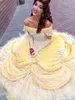 Movie cosplay Gold Prom Dresses Off The Shoulder Ball Gowns Abendkleider Ruffles lace-up corset Princess Tiered Evening Dresses