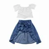 Varejo 3 Pcs Menina Bonito da Criança Sets off Ombro Lace White t-shirts Tops Azul Denim Shorts Roupas de vestido de comprimento de tornozelo 1-5T MN001 210610