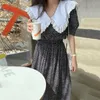 Korejpaa Kobiety Dress Summer Korean Fashion Elegancki Drukuj Koronki Lalki Kołnierz Trzy Przycisk Talii Wavelet Bubble Rękaw Sukienki 210526