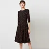 Vintage Dot Print Pleated Dress Women A Line Elegant Party Ladies Casual O Neck Three Quarter Sleeve Midi es 210508