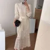 Comelsexy Streetwear Vintage Lace Hook Flowers Slim Sexig All Match Femme OL A-Line Sweet Lång Klänningar Vestidos 210515