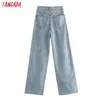 Tangada automne hiver femmes taille haute surlongueur jeans pantalon pantalon poches fermeture éclair femme jambe large denim pantalon 4M520 210715
