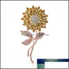 Pins, Brooches Jewelry Luxury Elegant Yellow Crystal Sunflower Gold Color Rhinestone Alloy Plant Brooch Lady Party Safety Pins Gifts Drop De