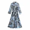 女性のためのヴィウウウルヴのドレスのためのエレガントな青いプリントシャツドレス女性長袖フロントボタンビンテージミディヴェスティッドボウベルト210430